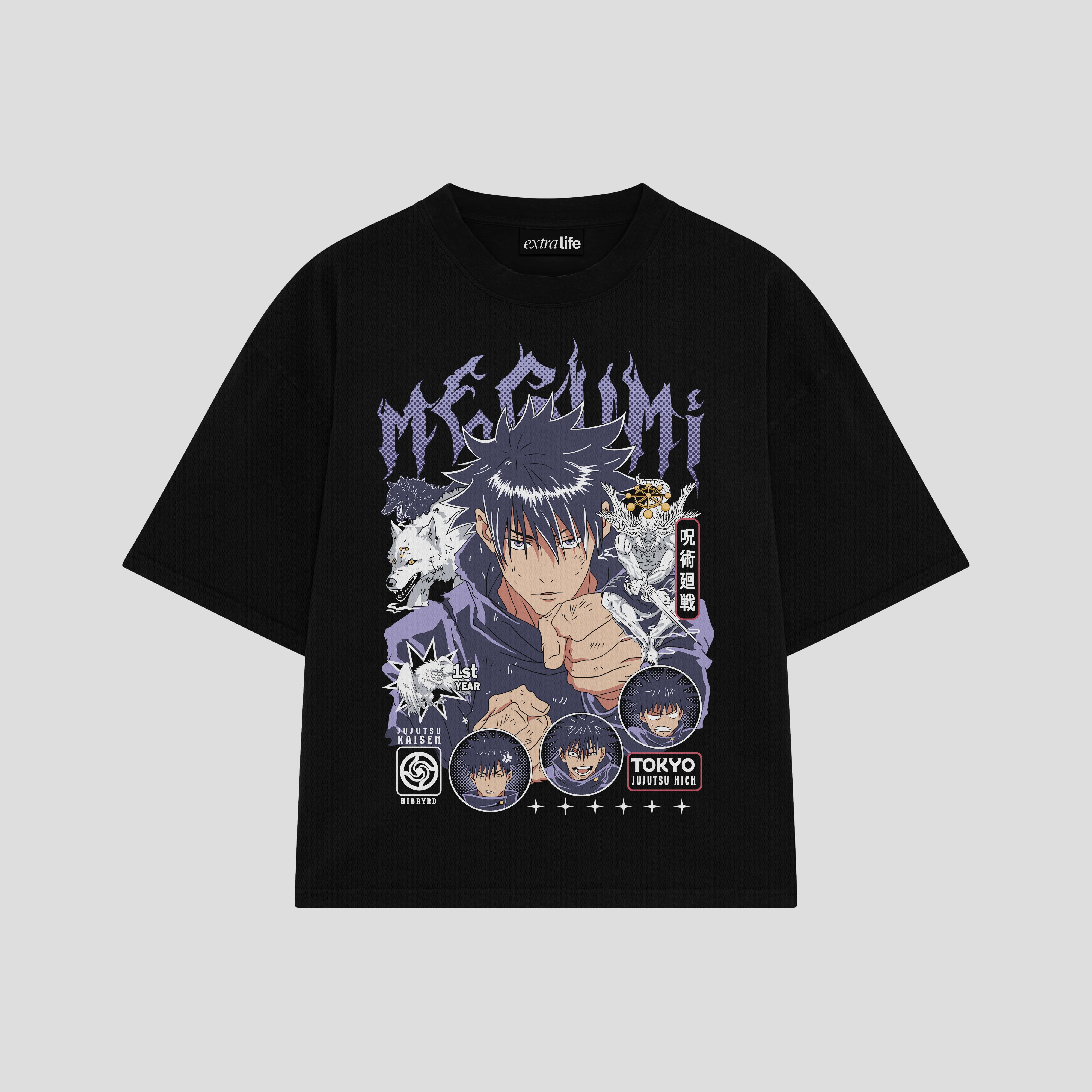 Playera streetwear premium de anime y gaming ExtraLife MX, corte boxy oversized drop shoulder heavyweight en color Deep Black y Off-White, moda urbana mexicana de culto.