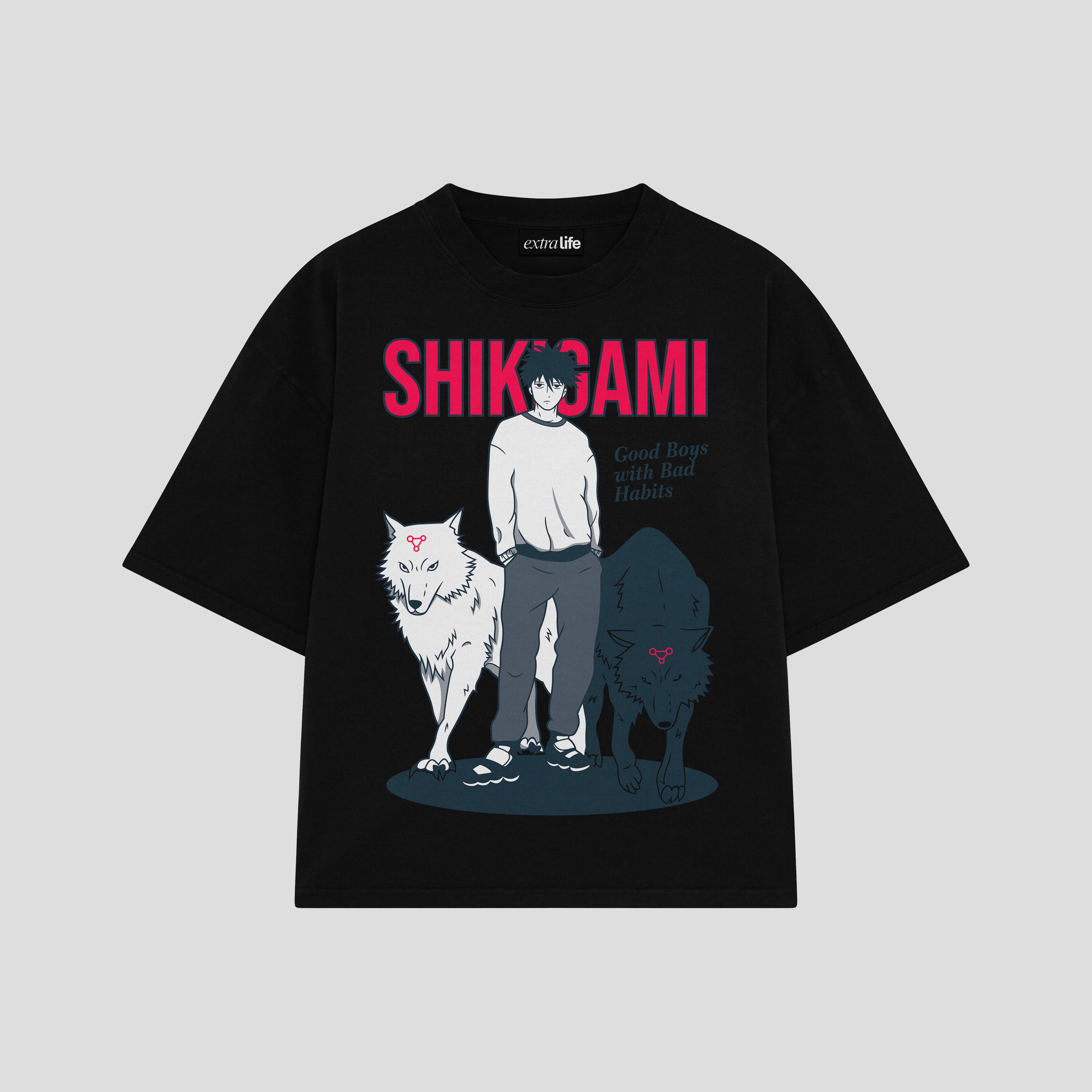 Playera streetwear premium de anime y gaming ExtraLife MX, corte boxy oversized drop shoulder heavyweight en color Deep Black y Off-White, moda urbana mexicana de culto.