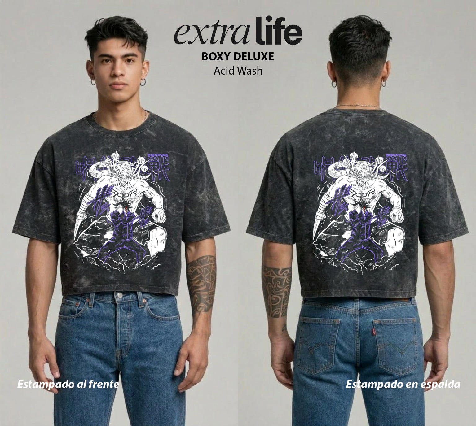 Playera streetwear premium de anime y gaming ExtraLife MX, corte boxy deluxe mineral wash heavyweight en color Acid Wash, moda urbana mexicana de culto.
