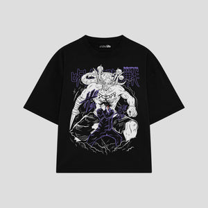 Playera streetwear premium de anime y gaming ExtraLife MX, corte boxy oversized drop shoulder heavyweight en color Deep Black y Off-White, moda urbana mexicana de culto.