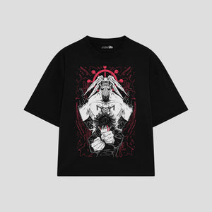 Playera streetwear premium de anime y gaming ExtraLife MX, corte boxy oversized drop shoulder heavyweight en color Deep Black y Off-White, moda urbana mexicana de culto.