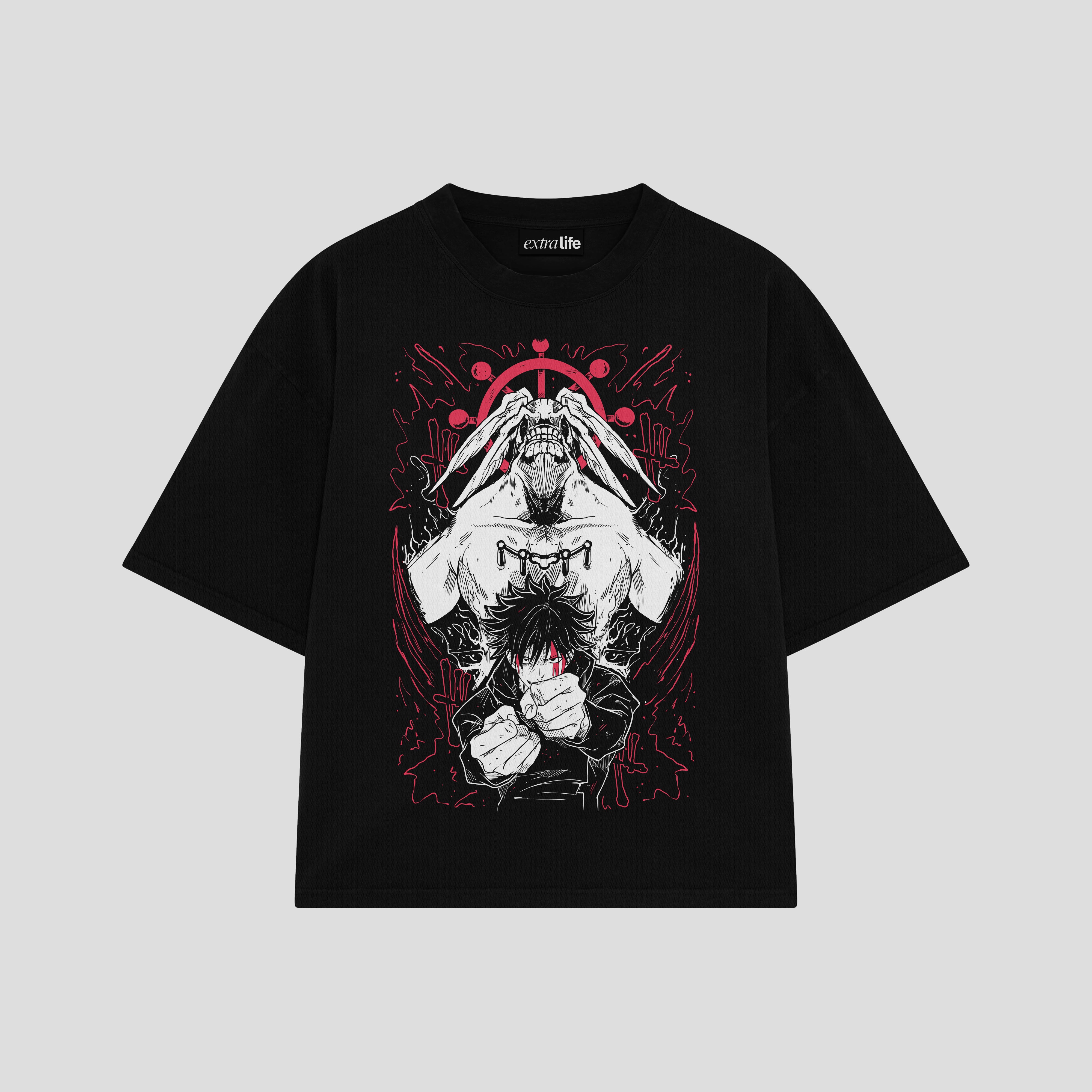 Playera streetwear premium de anime y gaming ExtraLife MX, corte boxy oversized drop shoulder heavyweight en color Deep Black y Off-White, moda urbana mexicana de culto.
