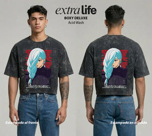 Playera streetwear premium de anime y gaming ExtraLife MX, corte boxy deluxe mineral wash heavyweight en color Acid Wash, moda urbana mexicana de culto.