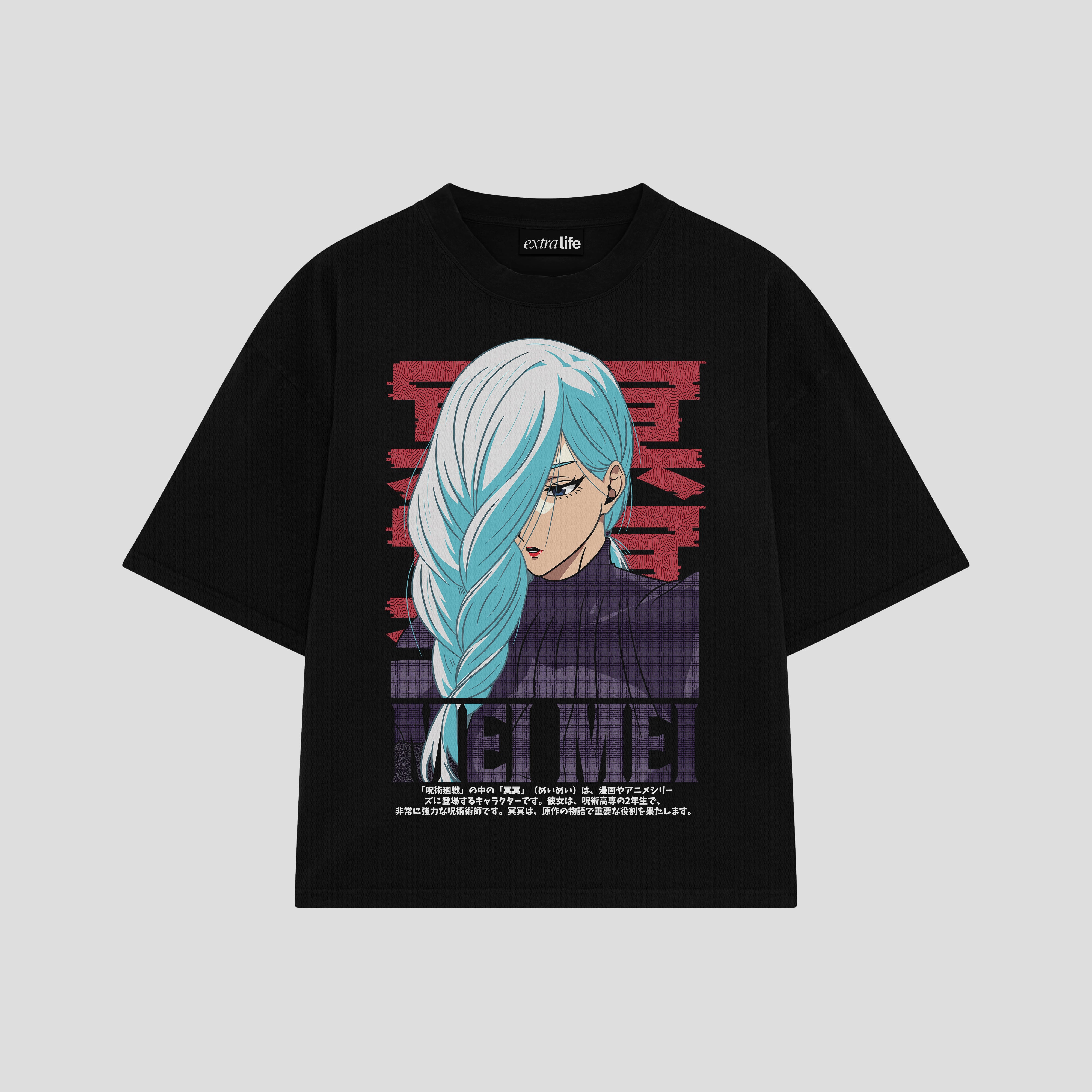 Playera streetwear premium de anime y gaming ExtraLife MX, corte boxy oversized drop shoulder heavyweight en color Deep Black y Off-White, moda urbana mexicana de culto.