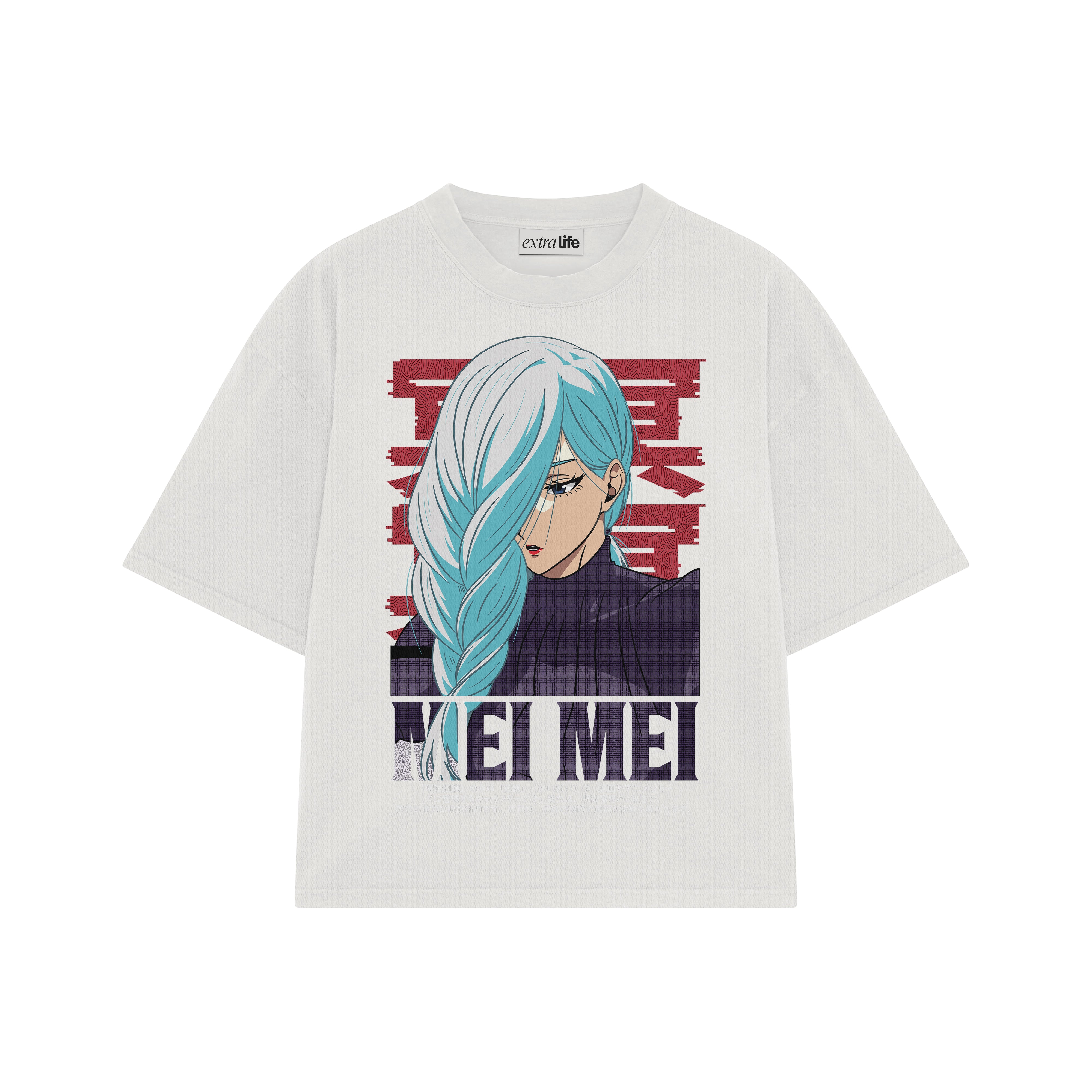 Playera streetwear premium de anime y gaming ExtraLife MX, corte boxy oversized drop shoulder heavyweight en color Deep Black y Off-White, moda urbana mexicana de culto.