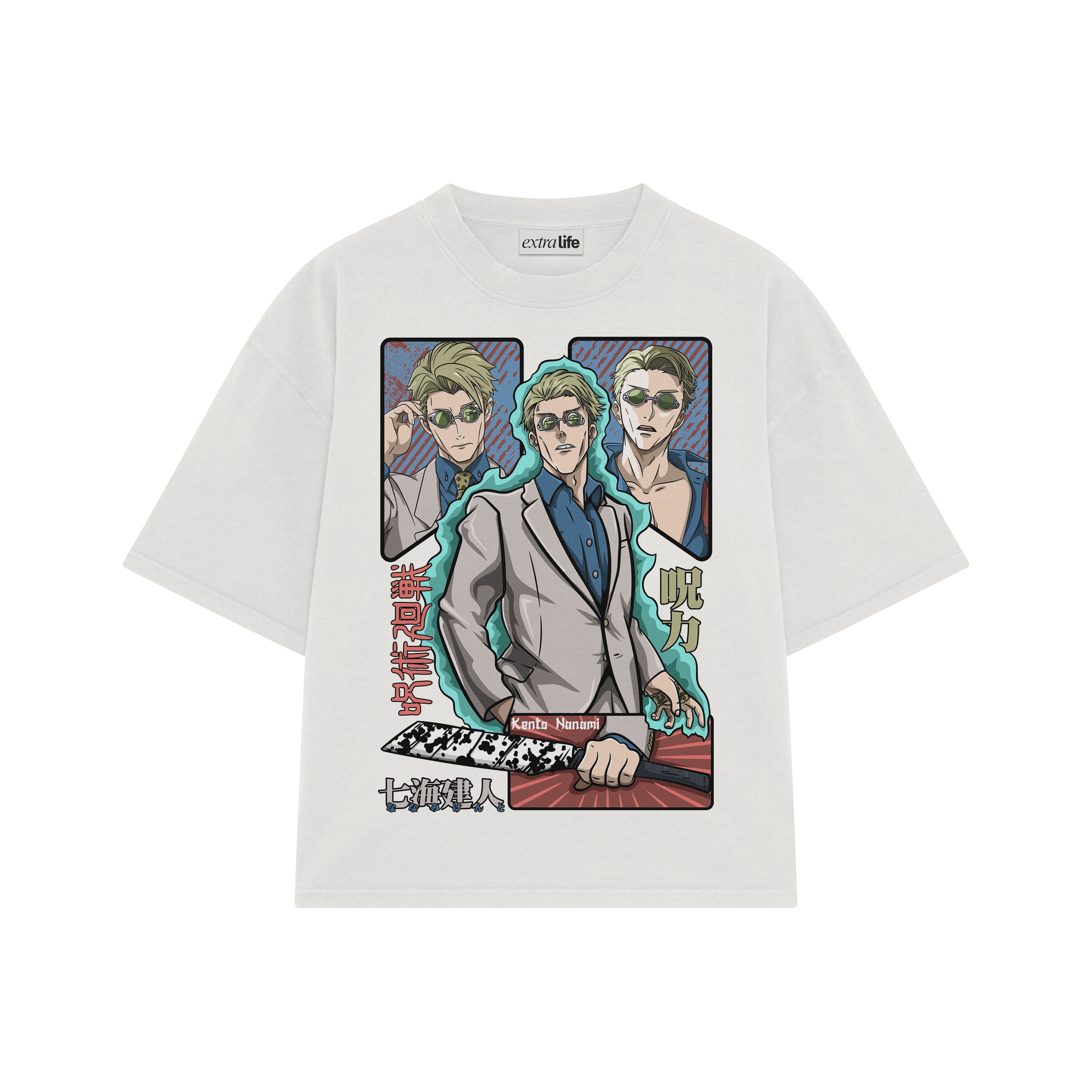 Playera streetwear premium de anime y gaming ExtraLife MX, corte boxy oversized drop shoulder heavyweight en color Deep Black y Off-White, moda urbana mexicana de culto.