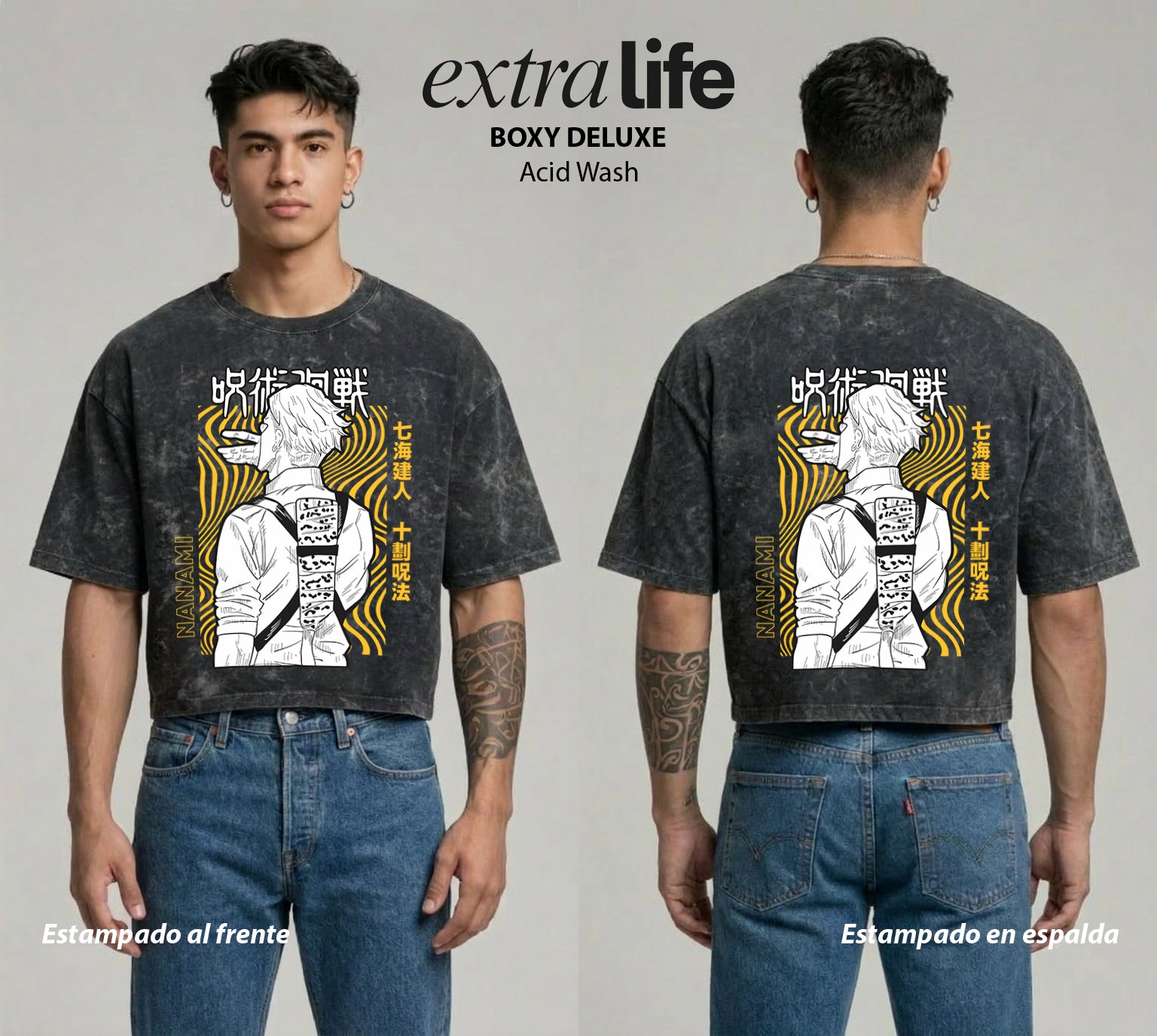 Playera streetwear premium de anime y gaming ExtraLife MX, corte boxy deluxe mineral wash heavyweight en color Acid Wash, moda urbana mexicana de culto.
