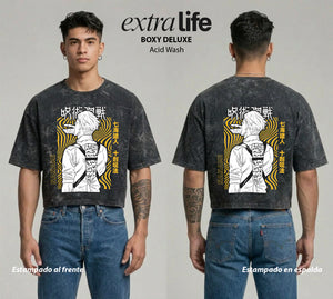 Playera streetwear premium de anime y gaming ExtraLife MX, corte boxy deluxe mineral wash heavyweight en color Acid Wash, moda urbana mexicana de culto.