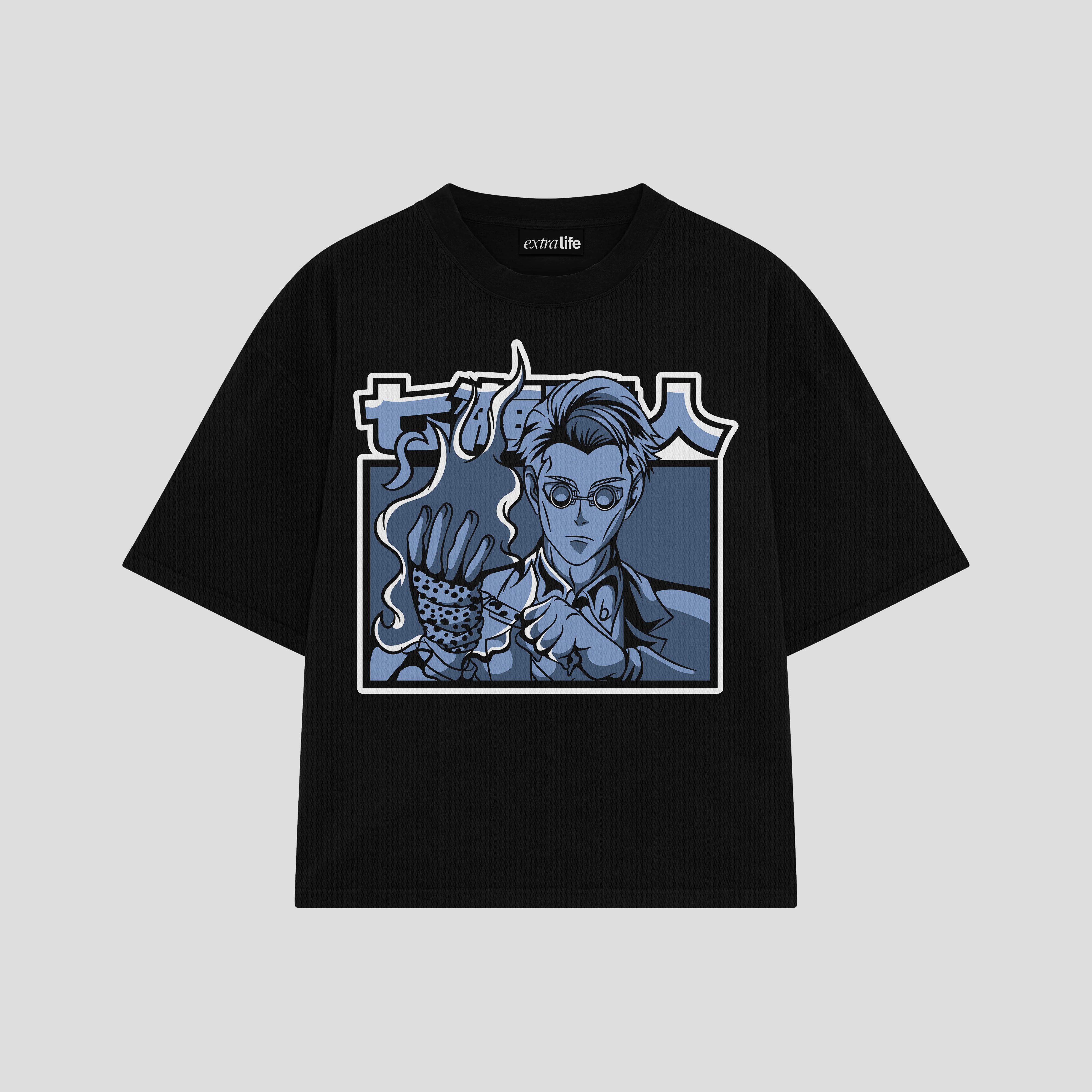 Playera streetwear premium de anime y gaming ExtraLife MX, corte boxy oversized drop shoulder heavyweight en color Deep Black y Off-White, moda urbana mexicana de culto.