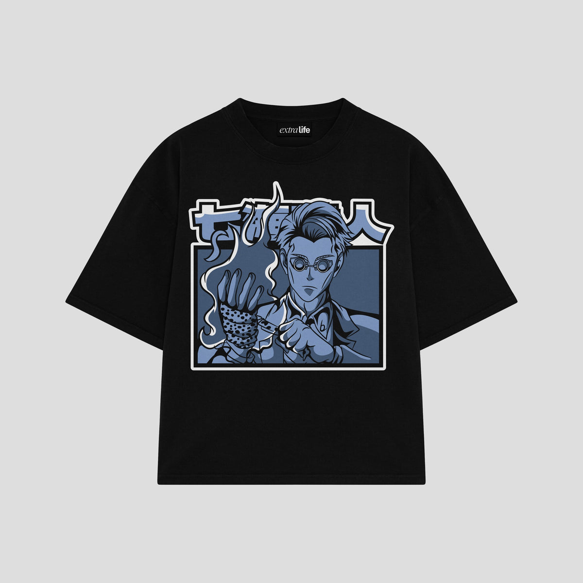 Playera streetwear premium de anime y gaming ExtraLife MX, corte oversized drop shoulder ligero y fresco en color Deep Black y Off-White, moda urbana mexicana de culto.