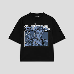 Playera streetwear premium de anime y gaming ExtraLife MX, corte boxy oversized drop shoulder heavyweight en color Deep Black y Off-White, moda urbana mexicana de culto.