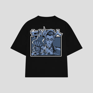 Playera streetwear premium de anime y gaming ExtraLife MX, corte boxy oversized drop shoulder heavyweight en color Deep Black y Off-White, moda urbana mexicana de culto.