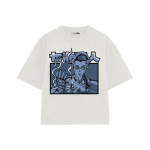 Playera streetwear premium de anime y gaming ExtraLife MX, corte boxy oversized drop shoulder heavyweight en color Deep Black y Off-White, moda urbana mexicana de culto.