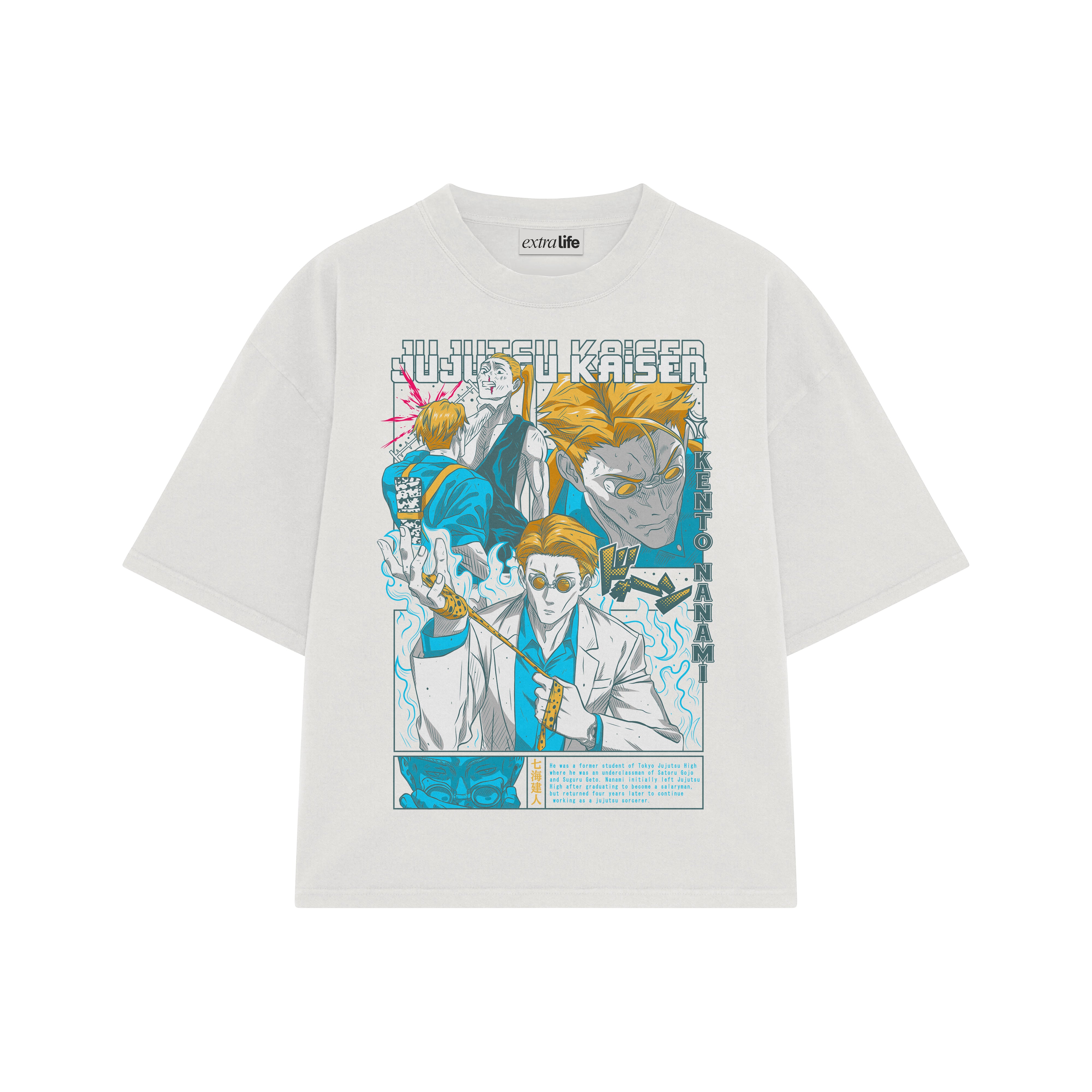 Playera streetwear premium de anime y gaming ExtraLife MX, corte boxy oversized drop shoulder heavyweight en color Deep Black y Off-White, moda urbana mexicana de culto.