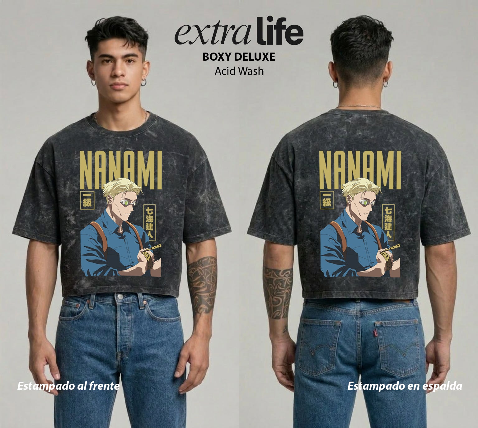 Playera streetwear premium de anime y gaming ExtraLife MX, corte boxy deluxe mineral wash heavyweight en color Acid Wash, moda urbana mexicana de culto.
