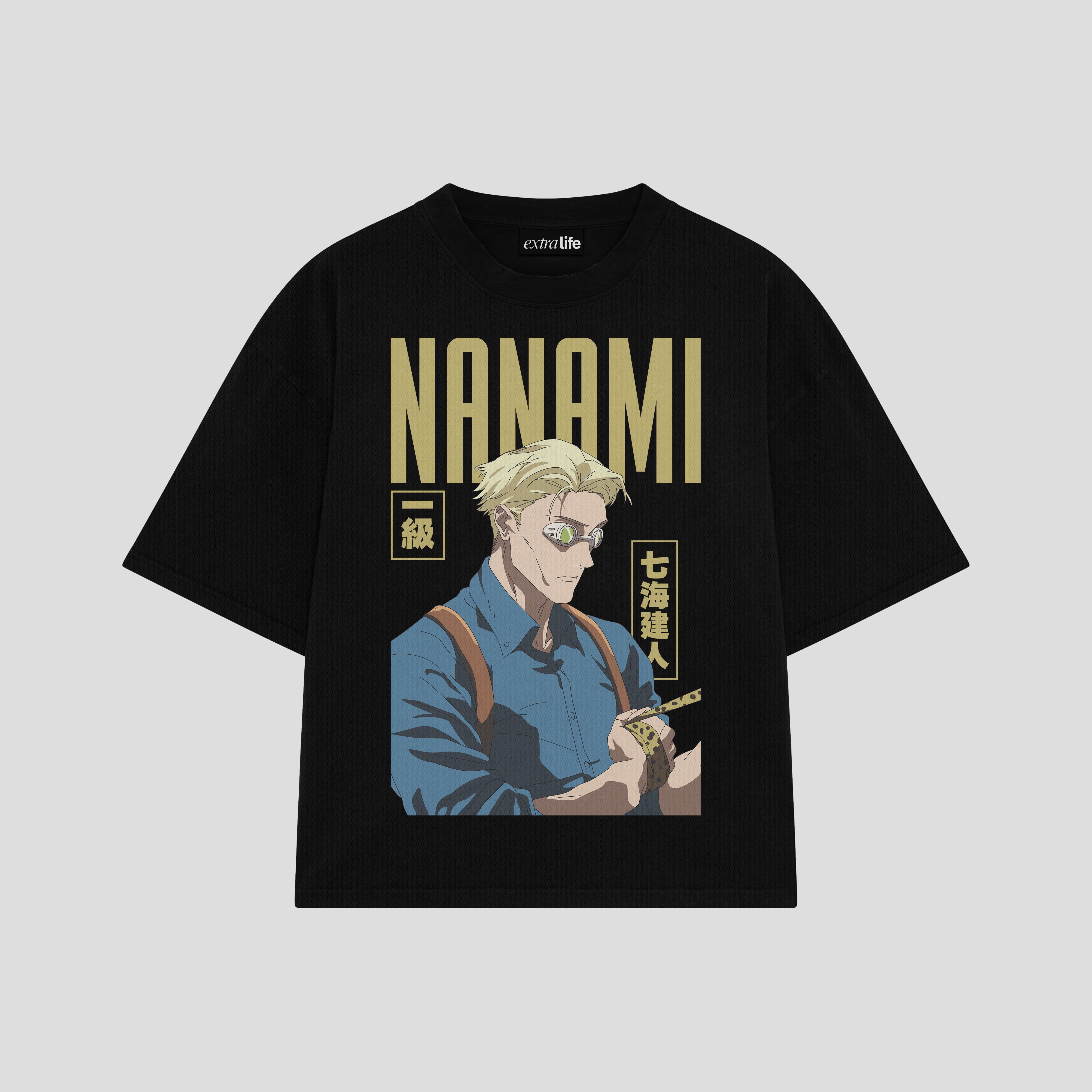 Playera streetwear premium de anime y gaming ExtraLife MX, corte boxy oversized drop shoulder heavyweight en color Deep Black y Off-White, moda urbana mexicana de culto.