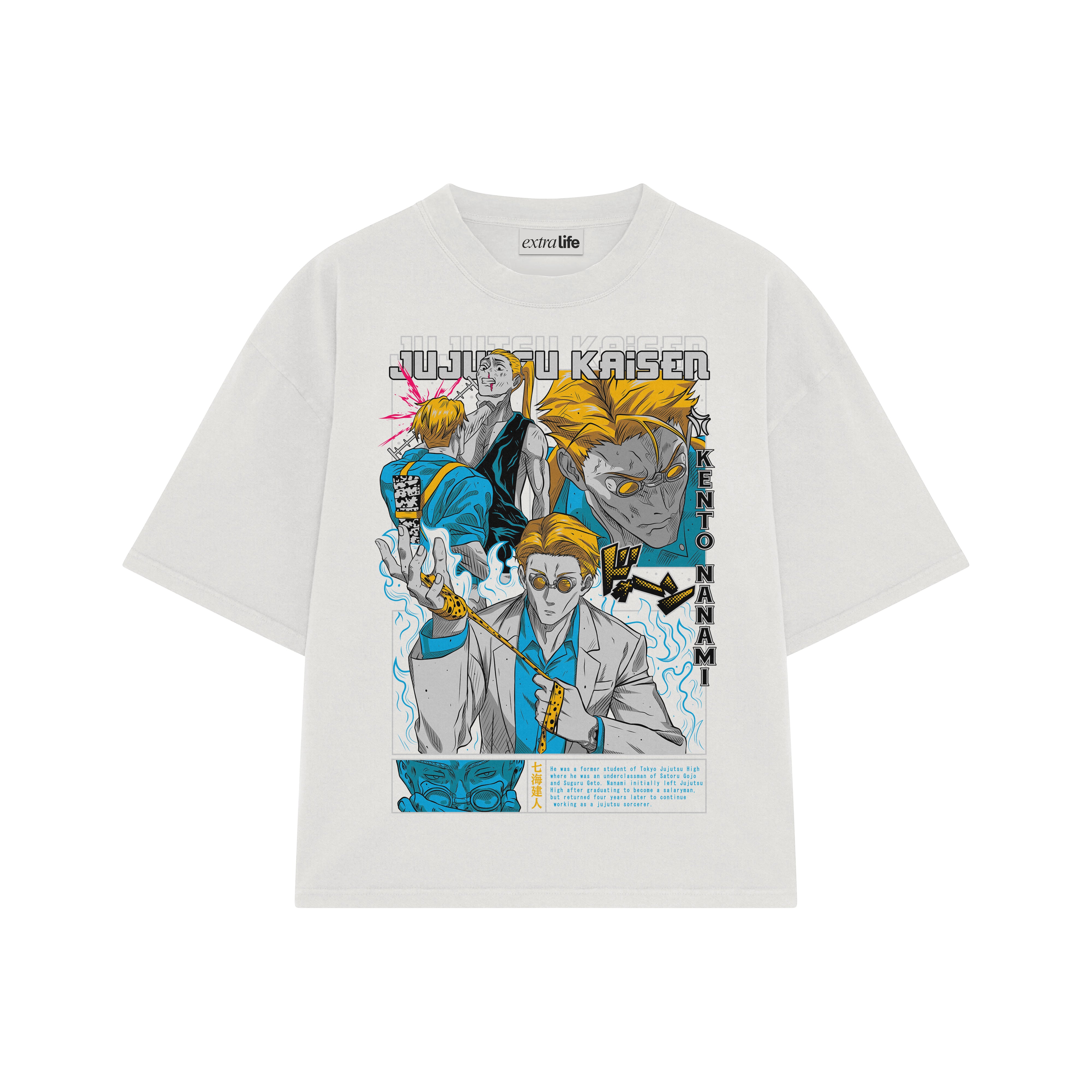 Playera streetwear premium de anime y gaming ExtraLife MX, corte boxy oversized drop shoulder heavyweight en color Deep Black y Off-White, moda urbana mexicana de culto.
