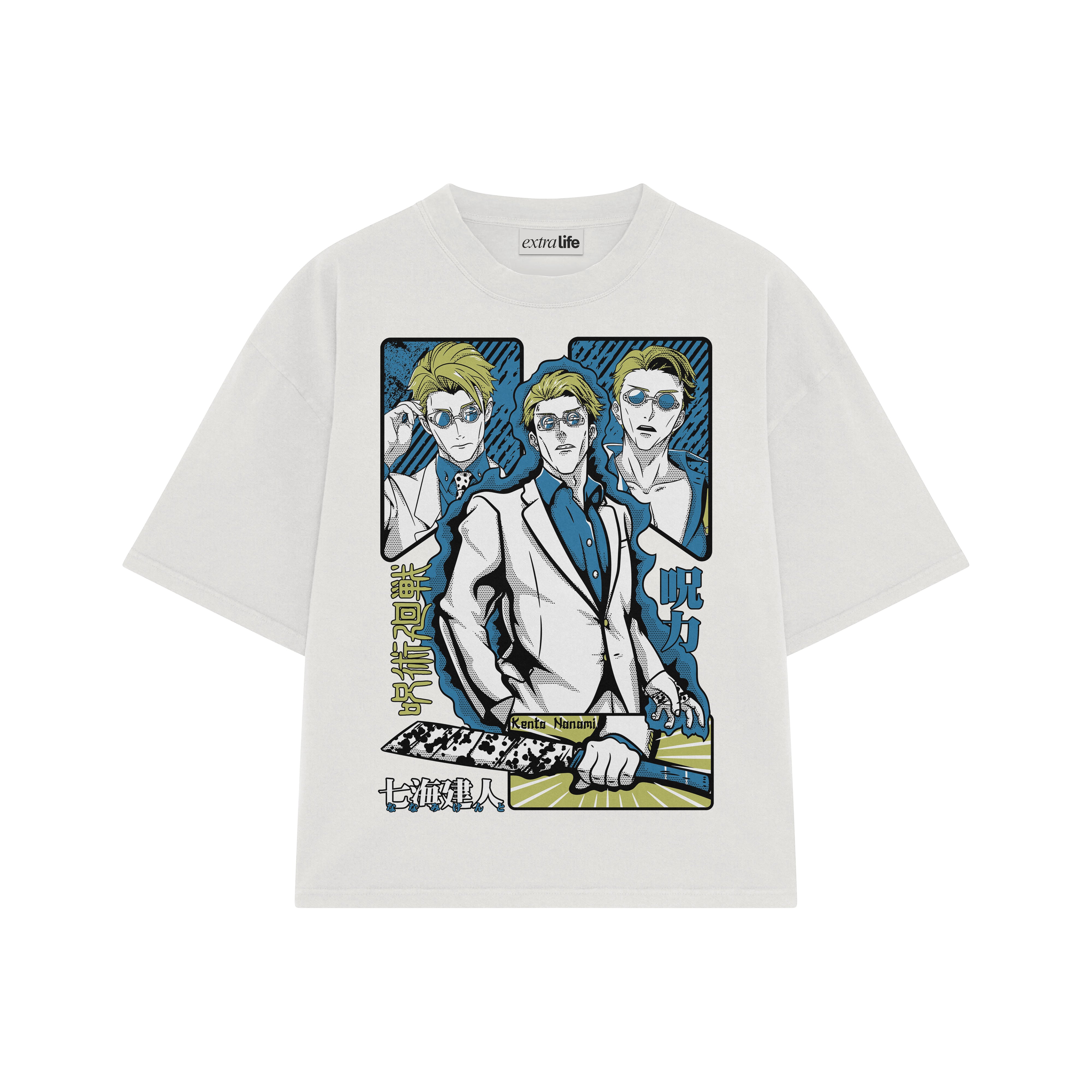 Playera streetwear premium de anime y gaming ExtraLife MX, corte boxy oversized drop shoulder heavyweight en color Deep Black y Off-White, moda urbana mexicana de culto.