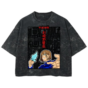 Playera streetwear premium de anime y gaming ExtraLife MX, corte boxy deluxe mineral wash heavyweight en color Acid Wash, moda urbana mexicana de culto.