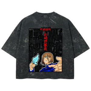 Playera streetwear premium de anime y gaming ExtraLife MX, corte boxy deluxe mineral wash heavyweight en color Acid Wash, moda urbana mexicana de culto.