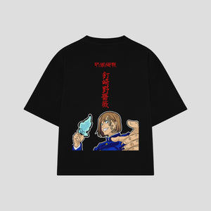 Playera streetwear premium de anime y gaming ExtraLife MX, corte boxy oversized drop shoulder heavyweight en color Deep Black y Off-White, moda urbana mexicana de culto.