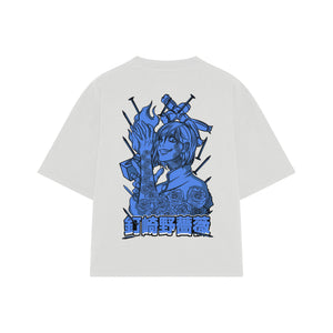Playera streetwear premium de anime y gaming ExtraLife MX, corte boxy oversized drop shoulder heavyweight en color Deep Black y Off-White, moda urbana mexicana de culto.