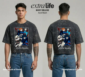 Playera streetwear premium de anime y gaming ExtraLife MX, corte boxy deluxe mineral wash heavyweight en color Acid Wash, moda urbana mexicana de culto.
