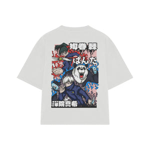 Playera streetwear premium de anime y gaming ExtraLife MX, corte boxy oversized drop shoulder heavyweight en color Deep Black y Off-White, moda urbana mexicana de culto.