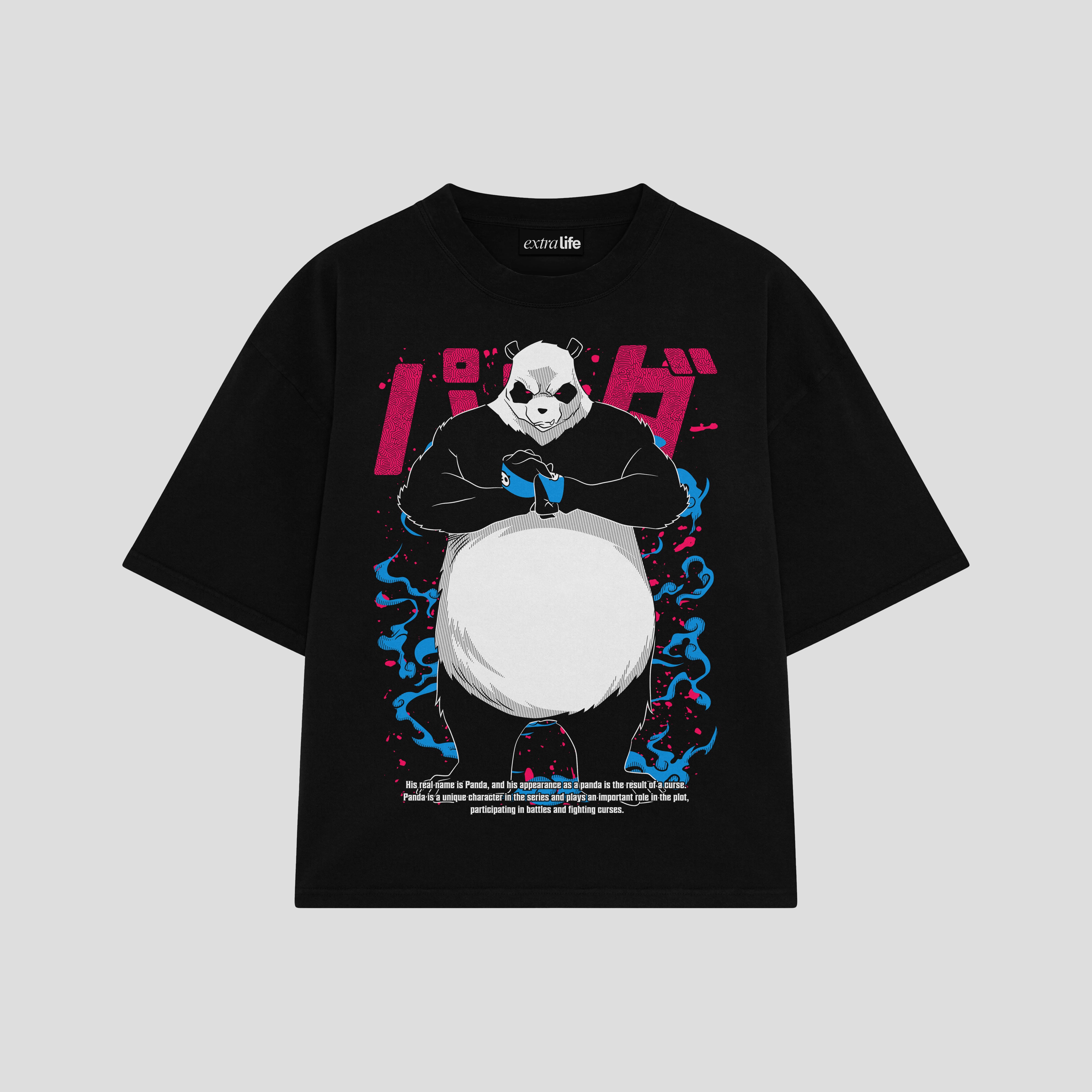 Playera streetwear premium de anime y gaming ExtraLife MX, corte boxy oversized drop shoulder heavyweight en color Deep Black y Off-White, moda urbana mexicana de culto.