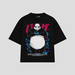 Playera streetwear premium de anime y gaming ExtraLife MX, corte boxy oversized drop shoulder heavyweight en color Deep Black y Off-White, moda urbana mexicana de culto.