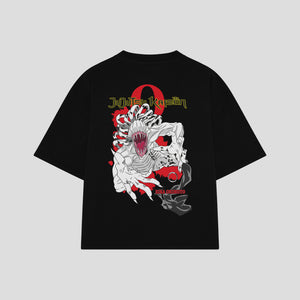Playera streetwear premium de anime y gaming ExtraLife MX, corte boxy oversized drop shoulder heavyweight en color Deep Black y Off-White, moda urbana mexicana de culto.