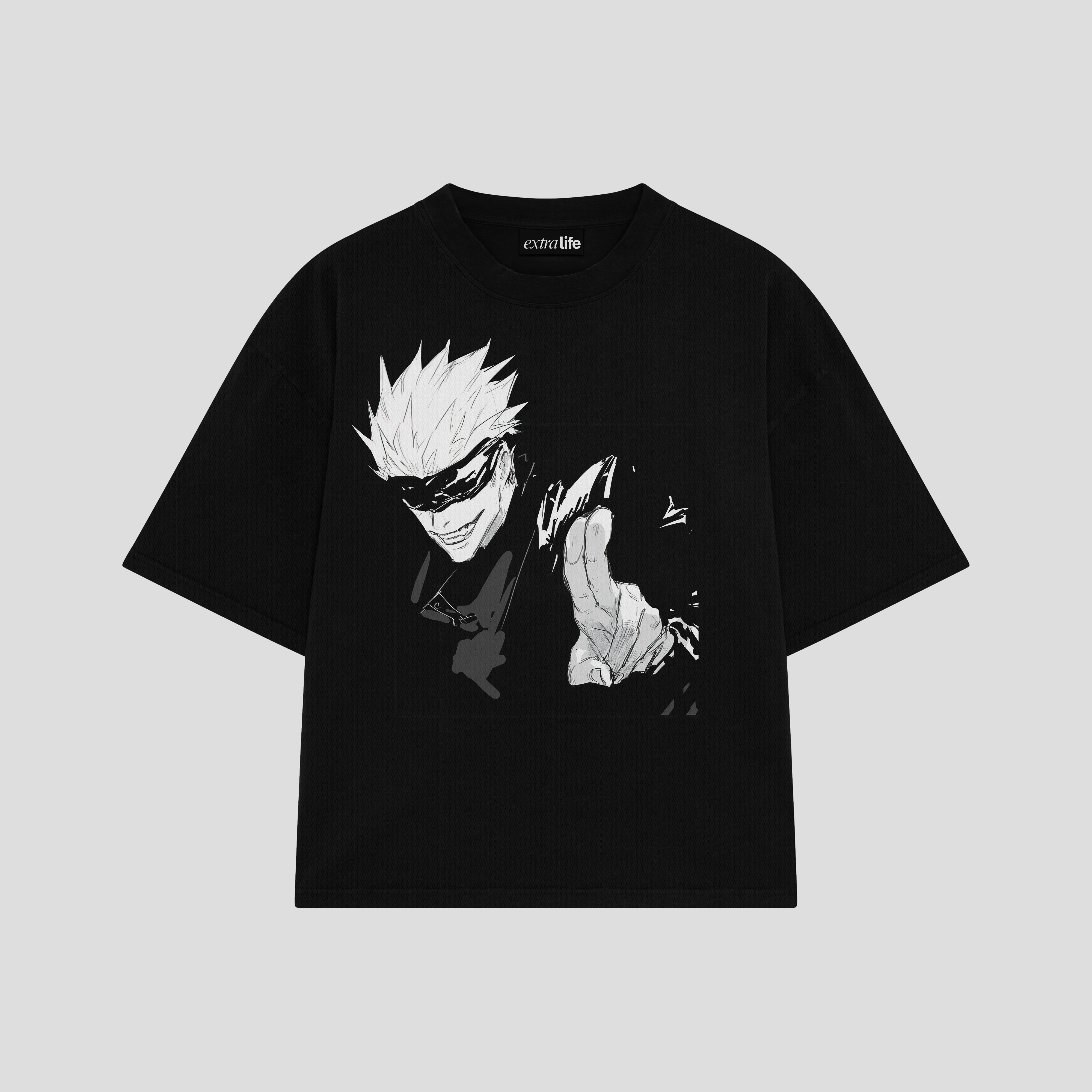 Playera streetwear premium de anime y gaming ExtraLife MX, corte boxy oversized drop shoulder heavyweight en color Deep Black y Off-White, moda urbana mexicana de culto.
