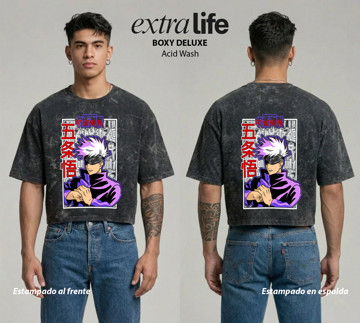 Playera streetwear premium de anime y gaming ExtraLife MX, corte boxy deluxe mineral wash heavyweight en color Acid Wash, moda urbana mexicana de culto.