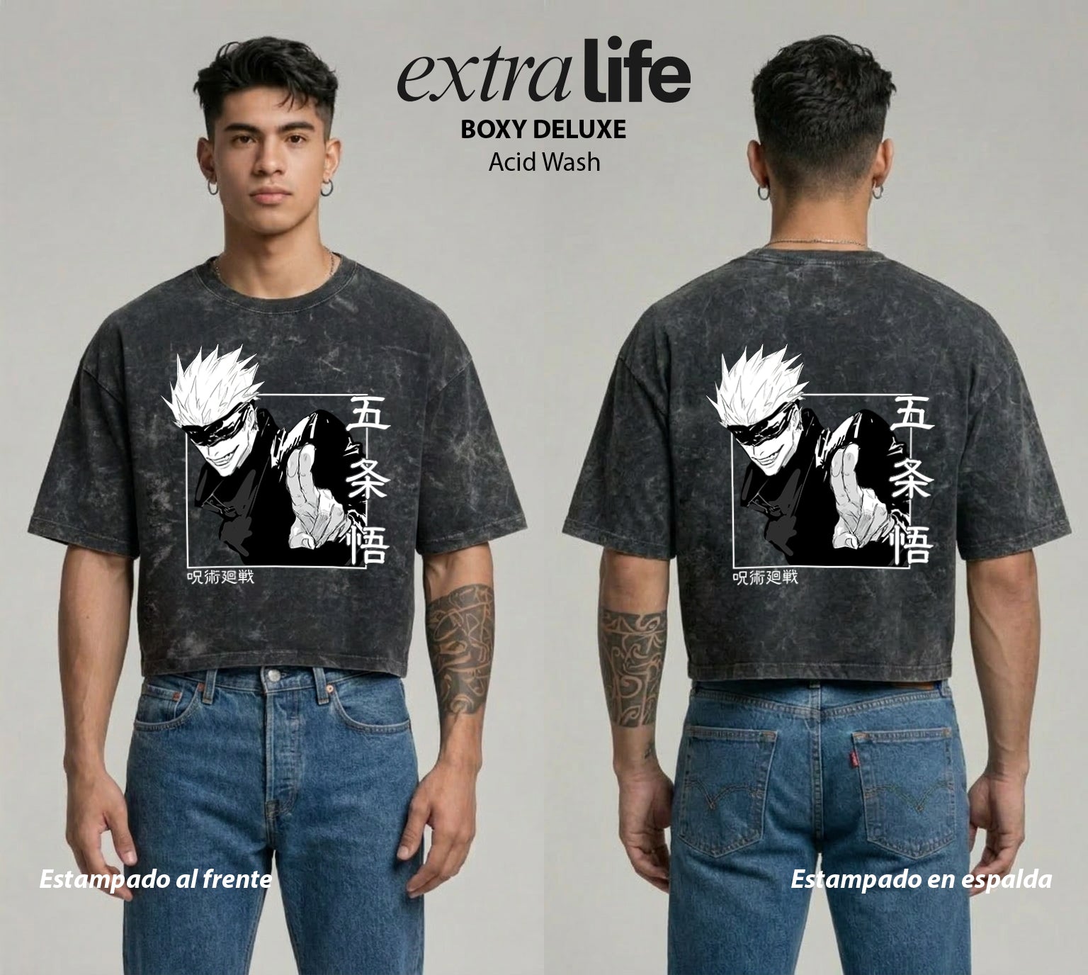 Playera streetwear premium de anime y gaming ExtraLife MX, corte boxy deluxe mineral wash heavyweight en color Acid Wash, moda urbana mexicana de culto.