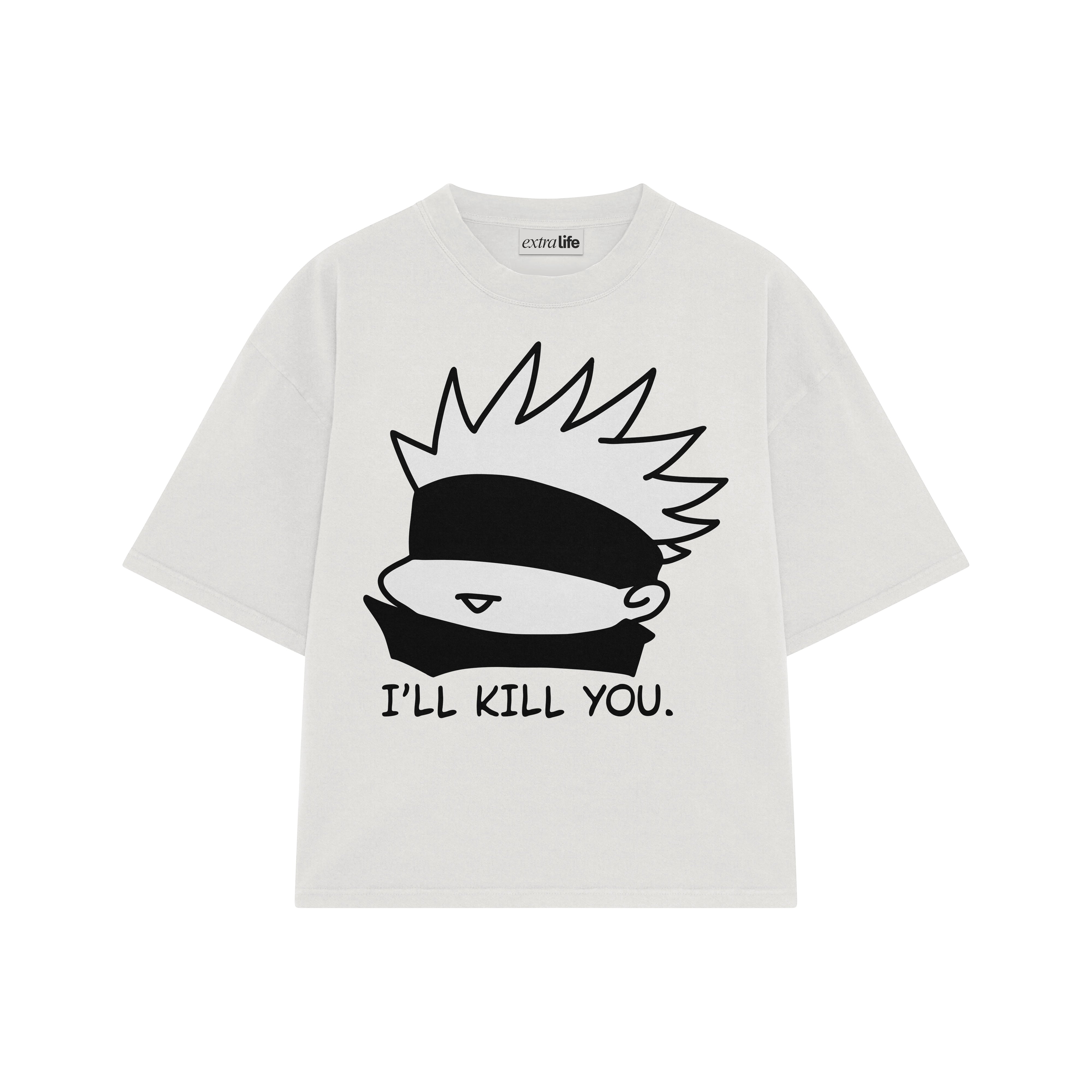 Playera streetwear premium de anime y gaming ExtraLife MX, corte boxy oversized drop shoulder heavyweight en color Deep Black y Off-White, moda urbana mexicana de culto.