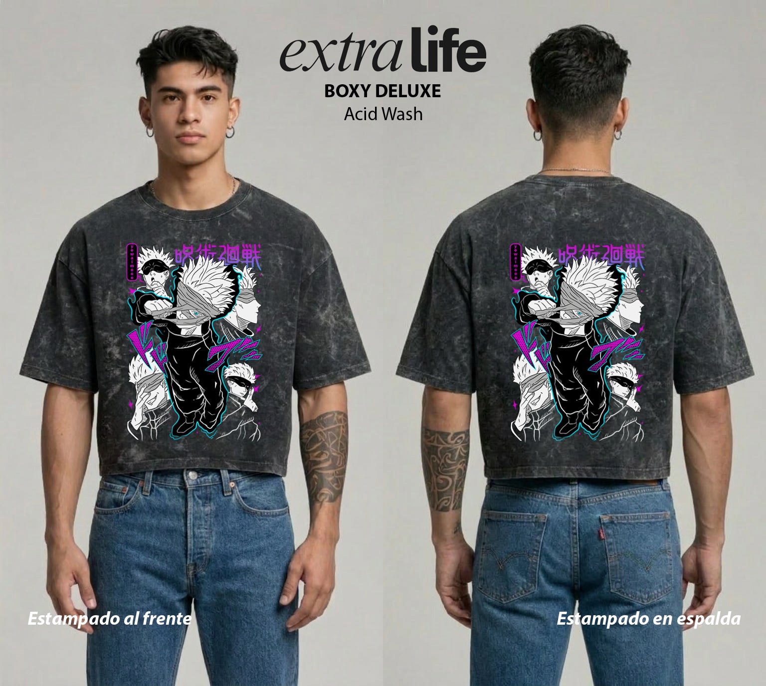Playera streetwear premium de anime y gaming ExtraLife MX, corte boxy deluxe mineral wash heavyweight en color Acid Wash, moda urbana mexicana de culto.