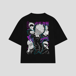 Playera streetwear premium de anime y gaming ExtraLife MX, corte boxy oversized drop shoulder heavyweight en color Deep Black y Off-White, moda urbana mexicana de culto.