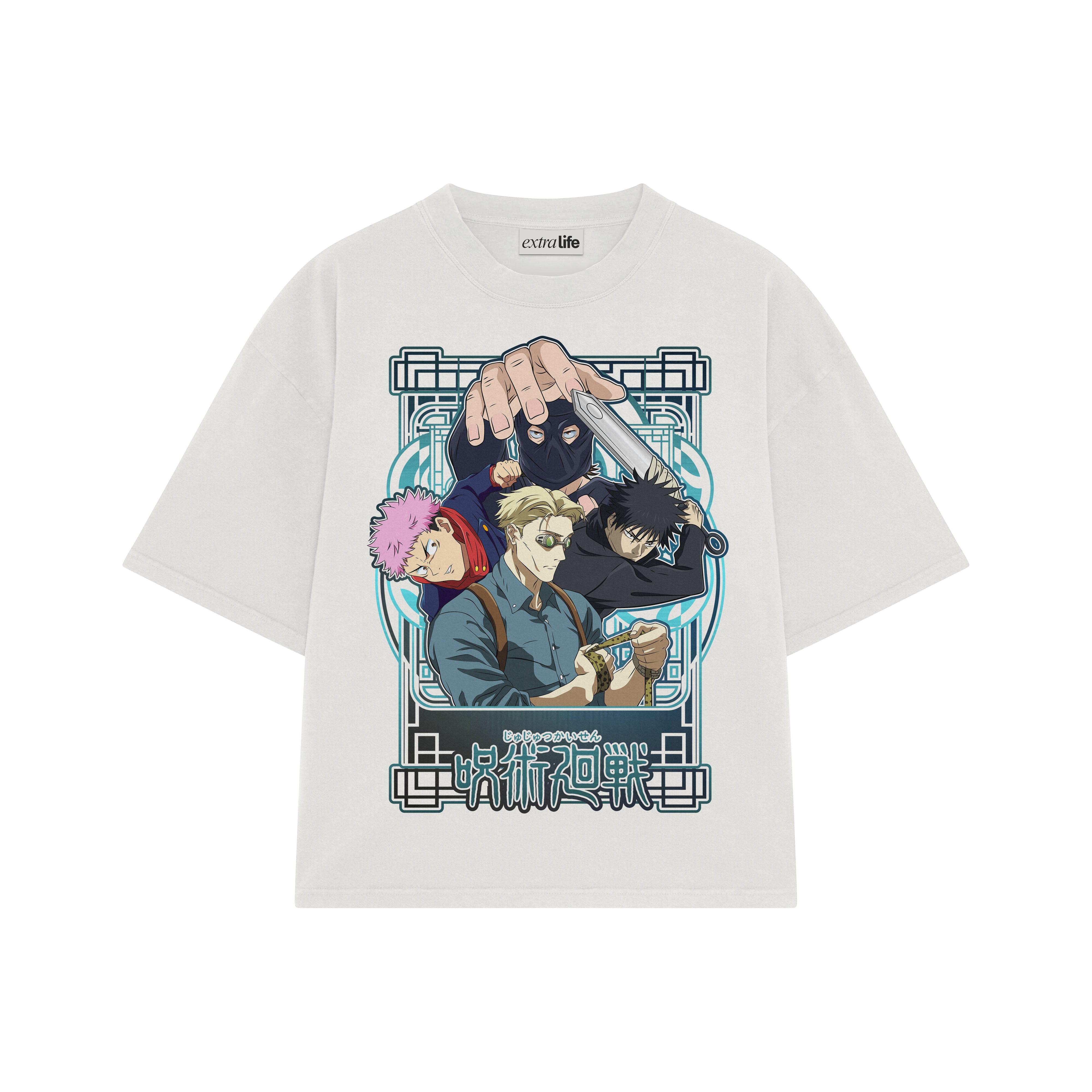 Playera streetwear premium de anime y gaming ExtraLife MX, corte boxy oversized drop shoulder heavyweight en color Deep Black y Off-White, moda urbana mexicana de culto.