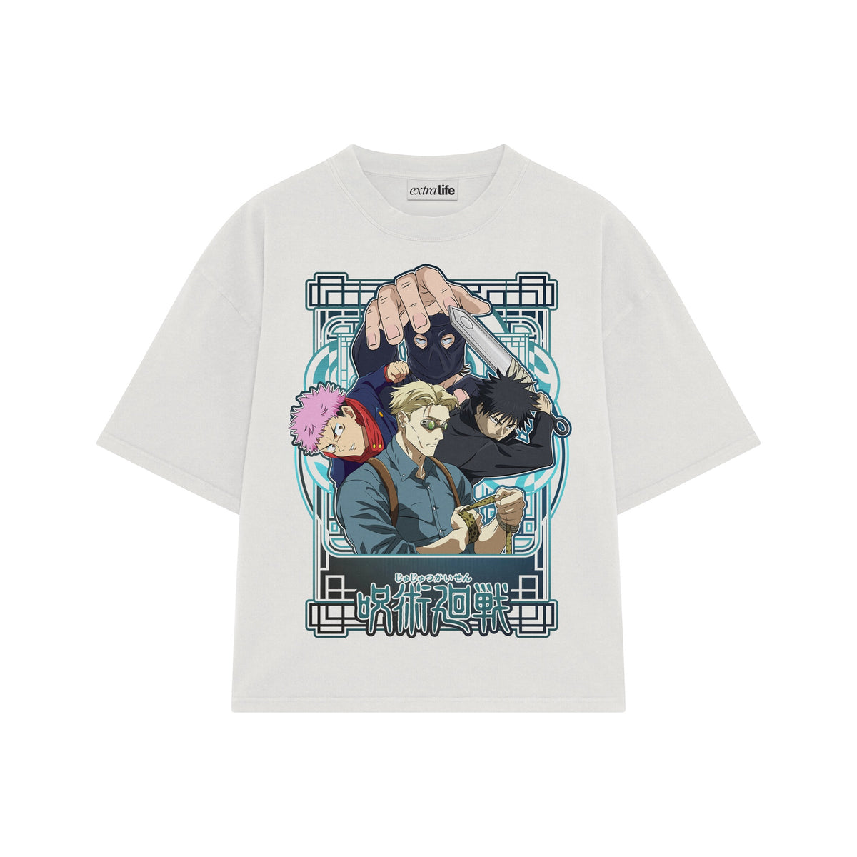 Playera streetwear premium de anime y gaming ExtraLife MX, corte oversized drop shoulder ligero y fresco en color Deep Black y Off-White, moda urbana mexicana de culto.