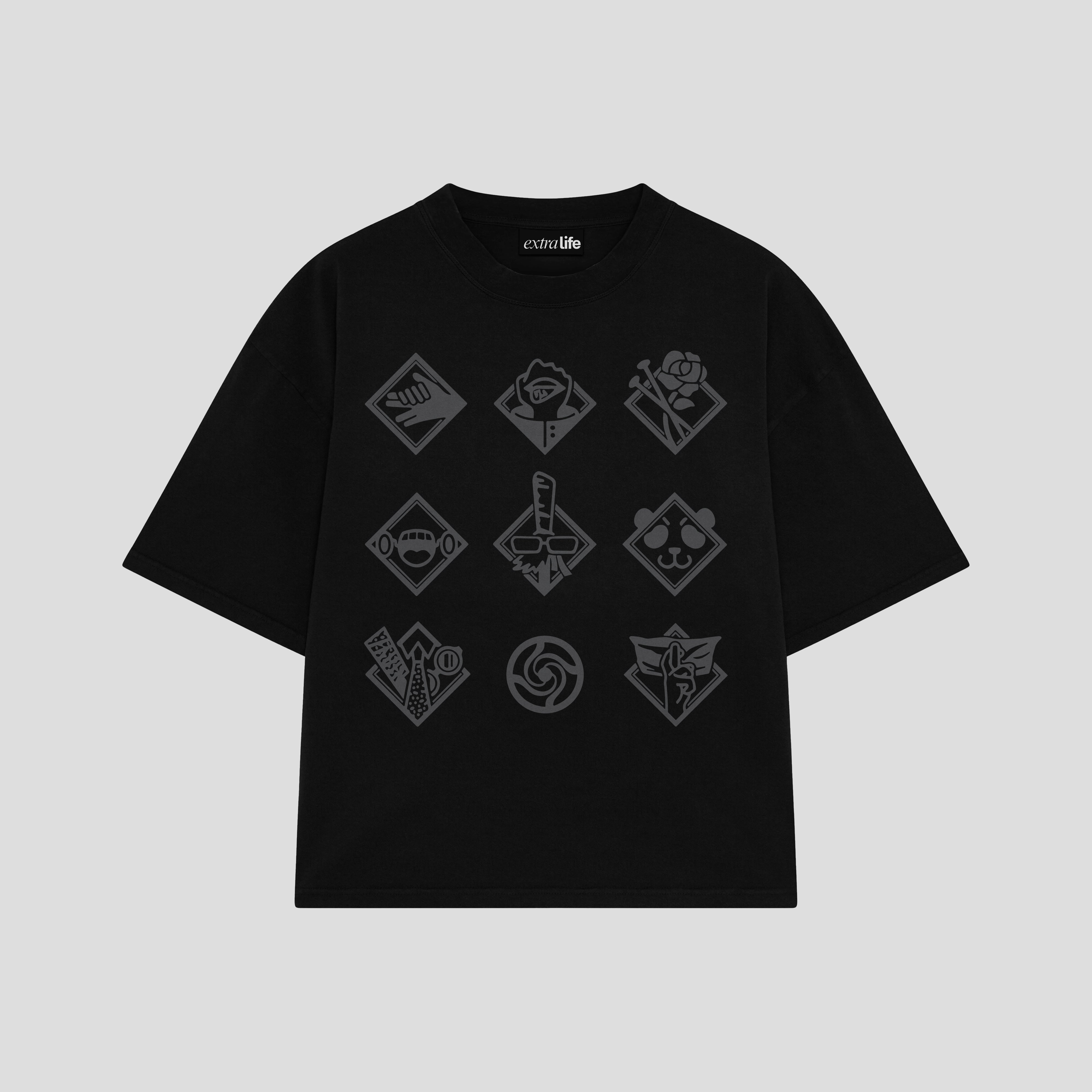 Playera streetwear premium de anime y gaming ExtraLife MX, corte boxy oversized drop shoulder heavyweight en color Deep Black y Off-White, moda urbana mexicana de culto.