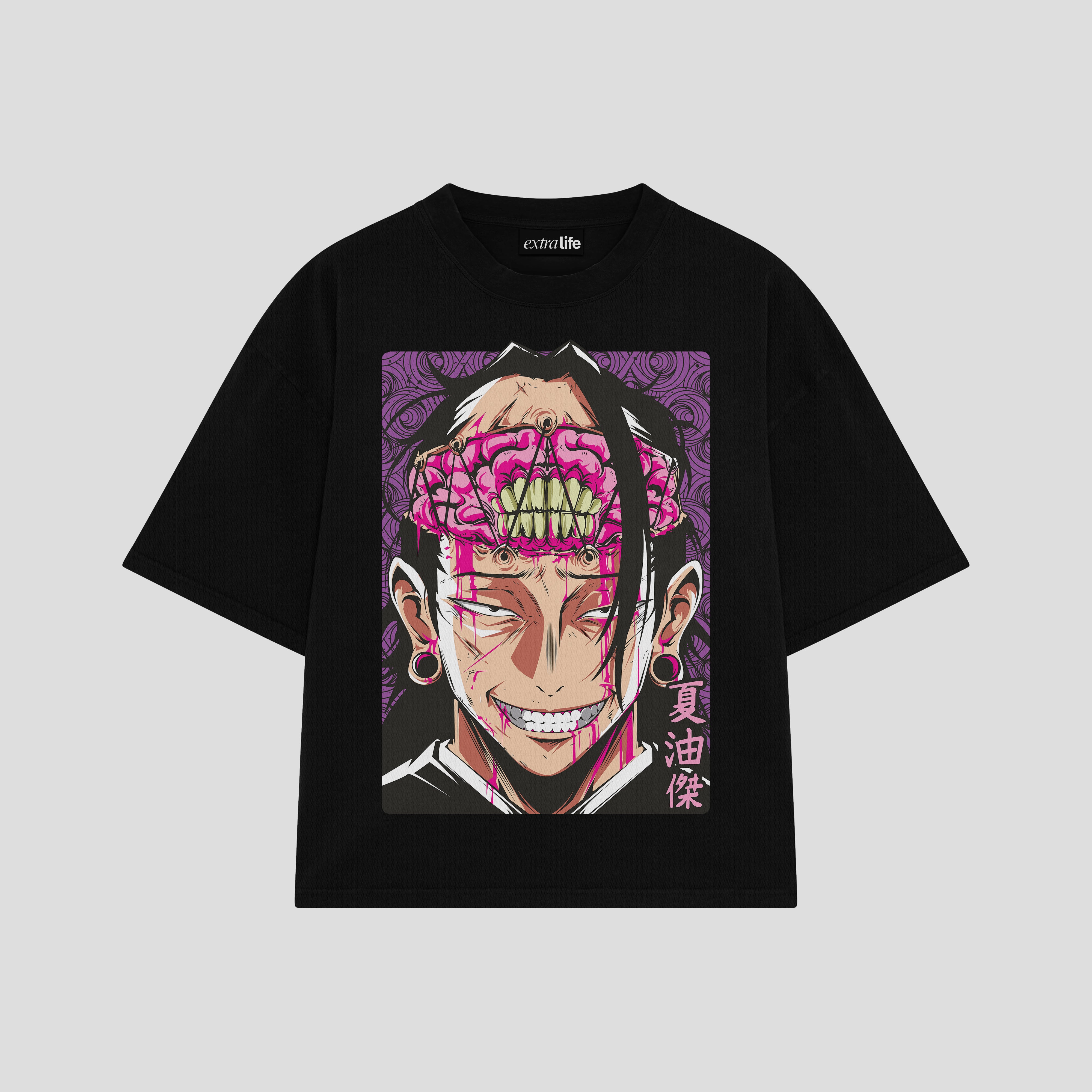 Playera streetwear premium de anime y gaming ExtraLife MX, corte boxy oversized drop shoulder heavyweight en color Deep Black y Off-White, moda urbana mexicana de culto.