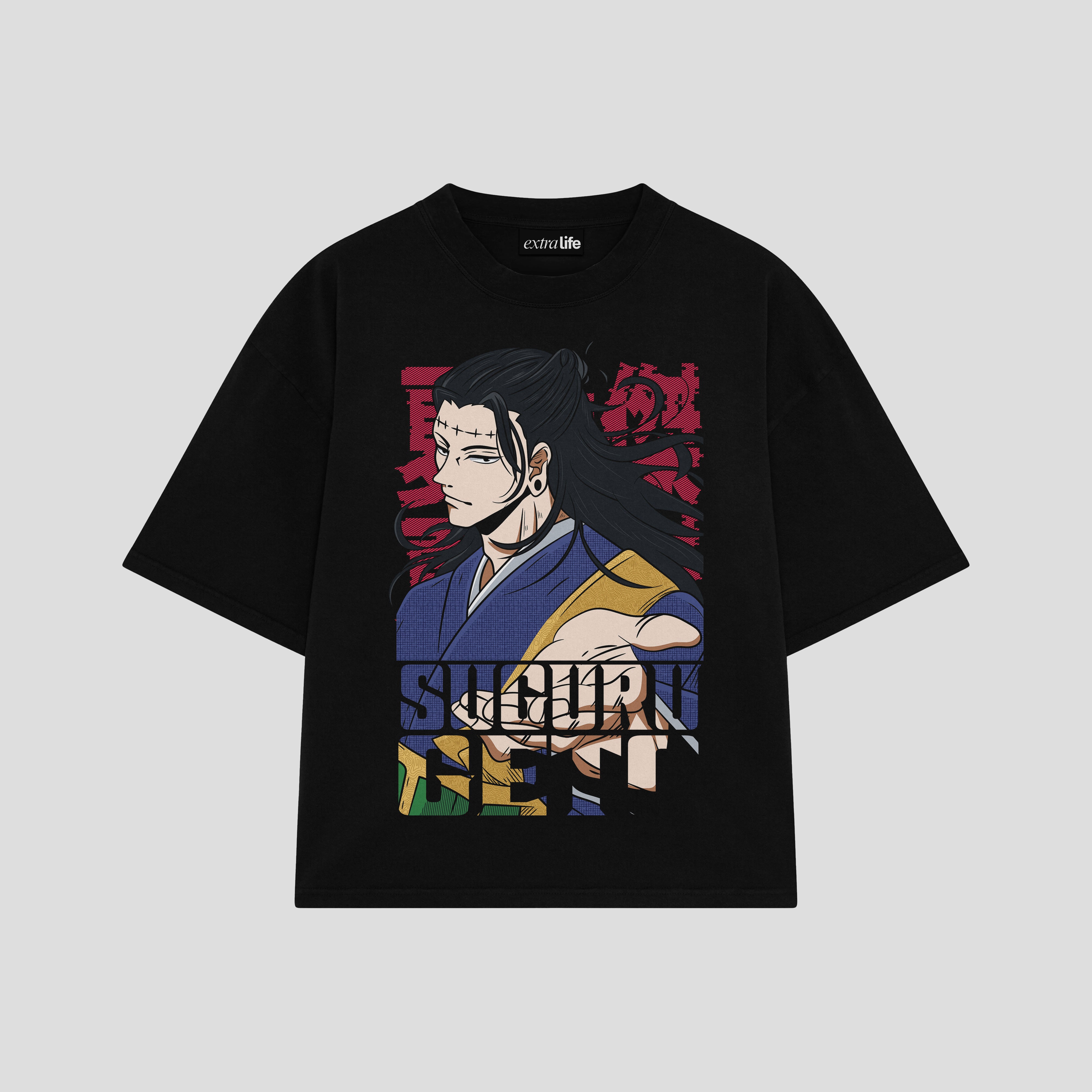 Playera streetwear premium de anime y gaming ExtraLife MX, corte boxy oversized drop shoulder heavyweight en color Deep Black y Off-White, moda urbana mexicana de culto.