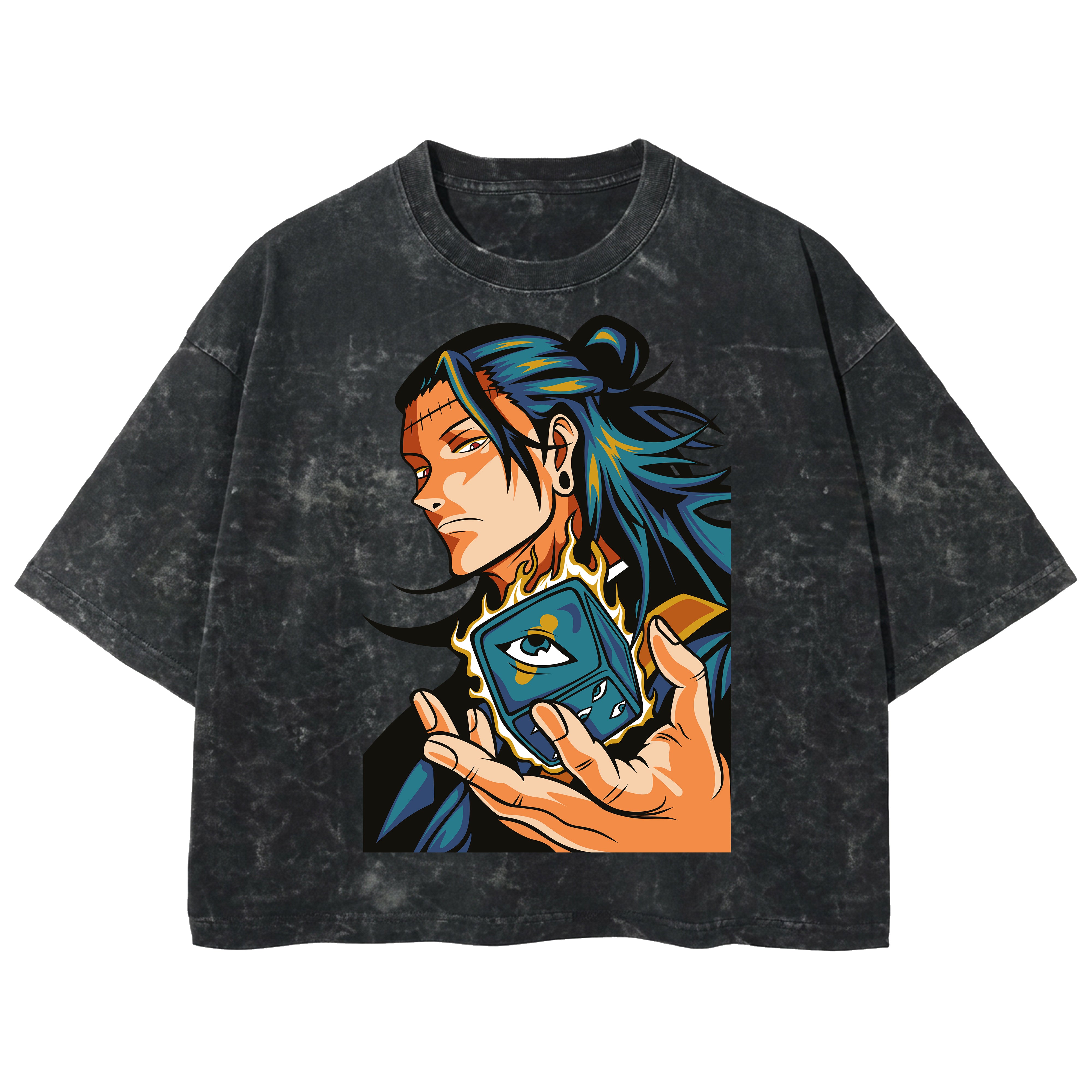 Playera streetwear premium de anime y gaming ExtraLife MX, corte boxy deluxe mineral wash heavyweight en color Acid Wash, moda urbana mexicana de culto.