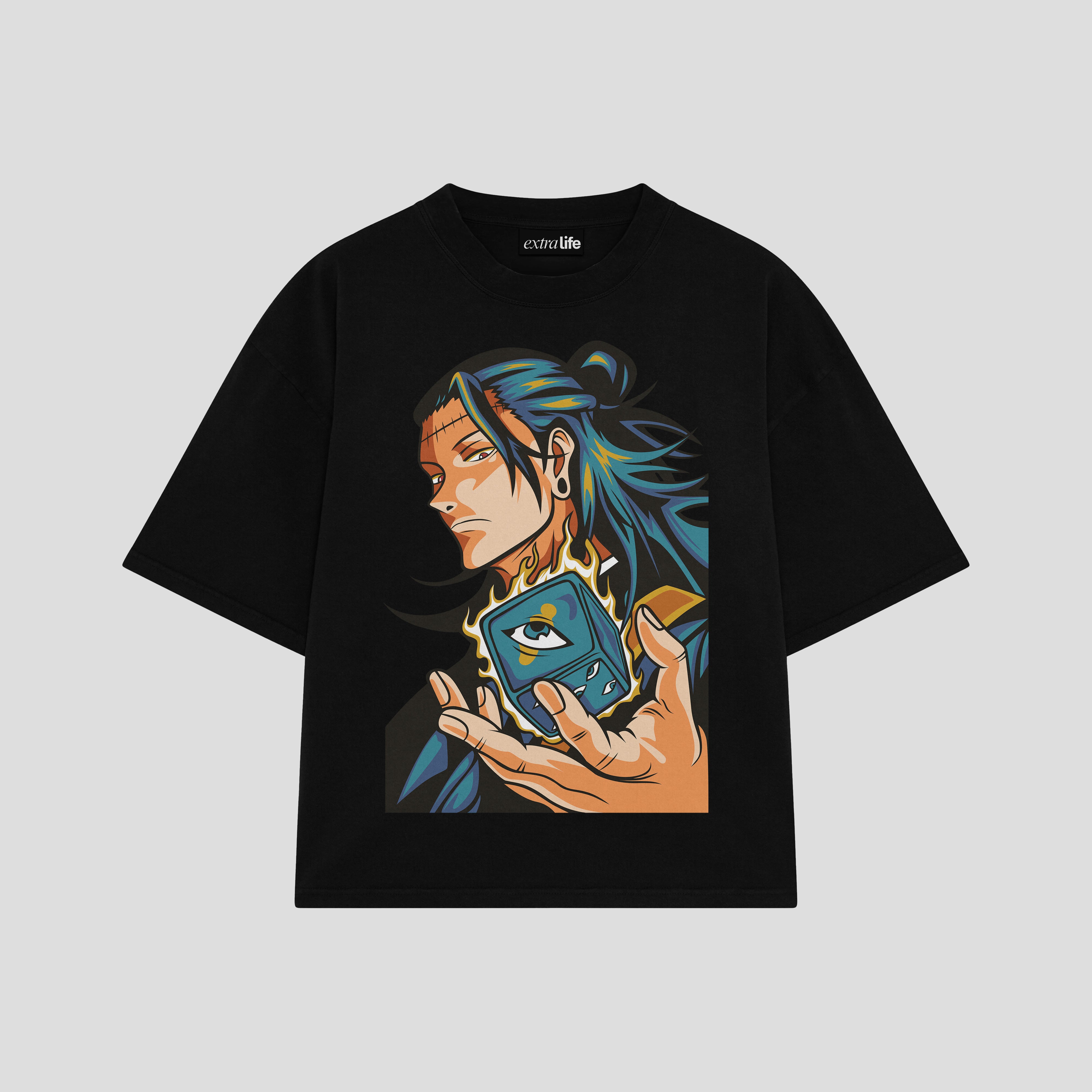 Playera streetwear premium de anime y gaming ExtraLife MX, corte boxy oversized drop shoulder heavyweight en color Deep Black y Off-White, moda urbana mexicana de culto.