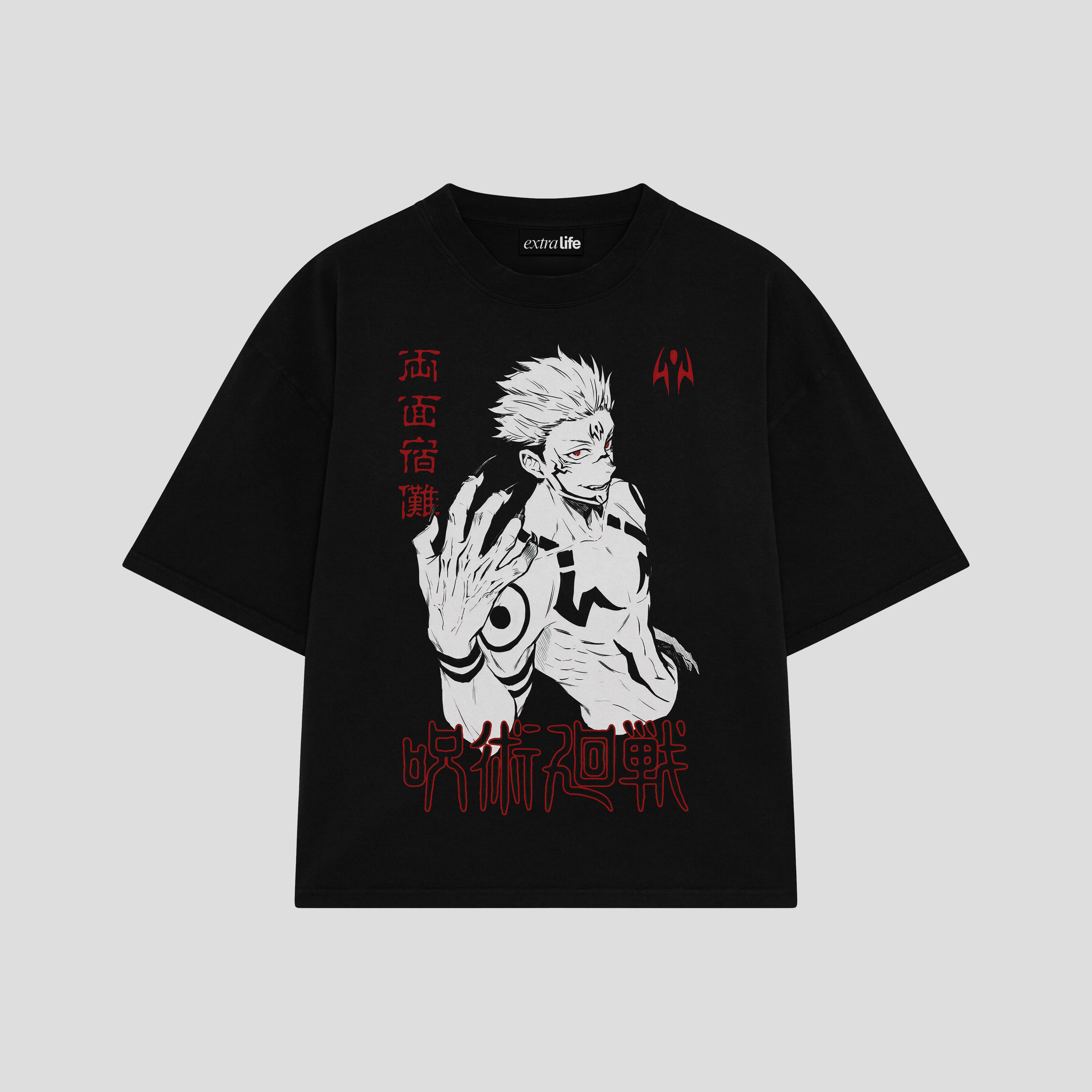 Playera streetwear premium de anime y gaming ExtraLife MX, corte boxy oversized drop shoulder heavyweight en color Deep Black y Off-White, moda urbana mexicana de culto.
