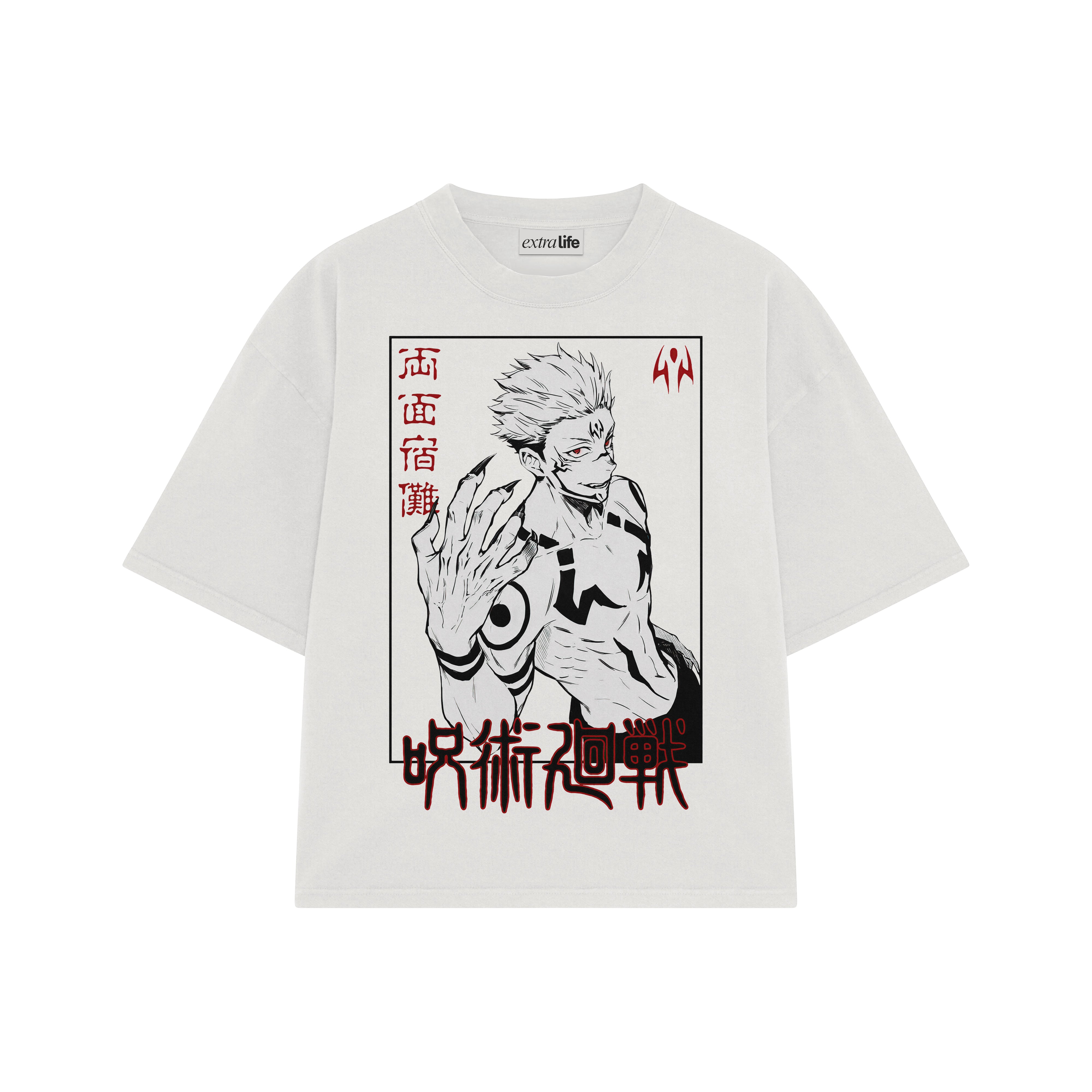 Playera streetwear premium de anime y gaming ExtraLife MX, corte boxy oversized drop shoulder heavyweight en color Deep Black y Off-White, moda urbana mexicana de culto.