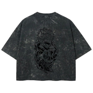 Playera streetwear premium de anime y gaming ExtraLife MX, corte boxy deluxe mineral wash heavyweight en color Acid Wash, moda urbana mexicana de culto.