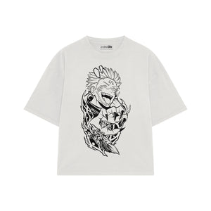 Playera streetwear premium de anime y gaming ExtraLife MX, corte boxy oversized drop shoulder heavyweight en color Deep Black y Off-White, moda urbana mexicana de culto.