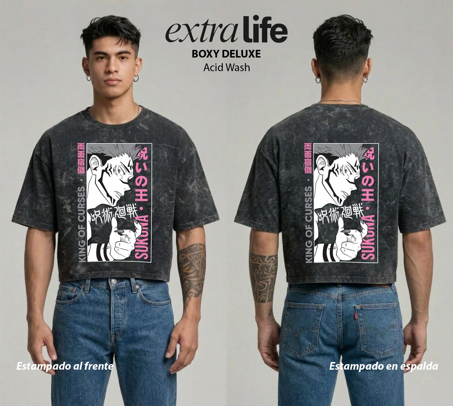 Playera streetwear premium de anime y gaming ExtraLife MX, corte boxy deluxe mineral wash heavyweight en color Acid Wash, moda urbana mexicana de culto.