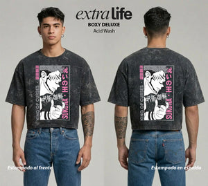 Playera streetwear premium de anime y gaming ExtraLife MX, corte boxy deluxe mineral wash heavyweight en color Acid Wash, moda urbana mexicana de culto.